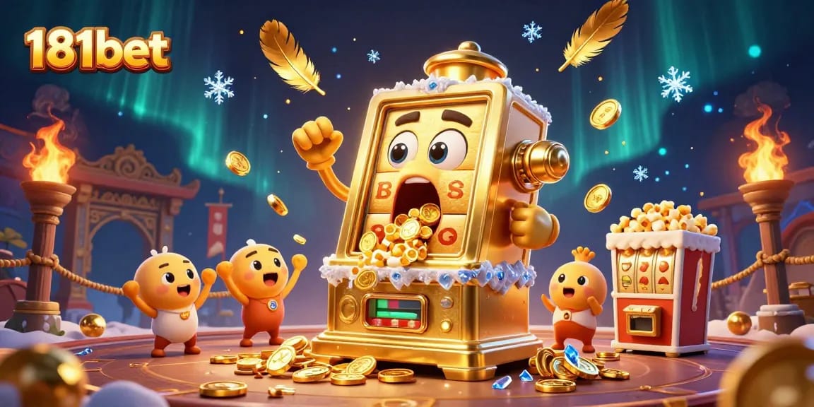 Spin and win with 181bet's golden slot machine jackpot celebration in a vibrant casino scene.