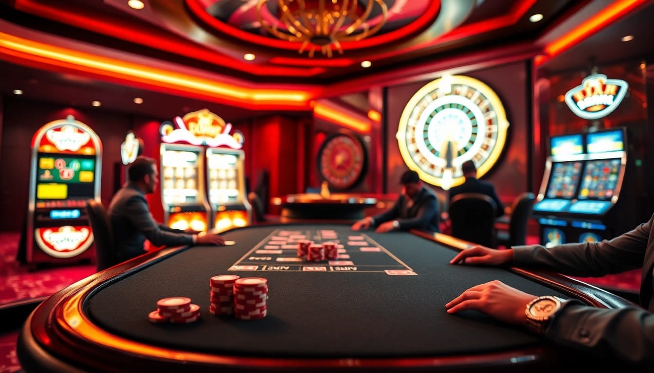Engaging players at Nhà Cái 68VIP casino with poker chips and vibrant gaming environment.