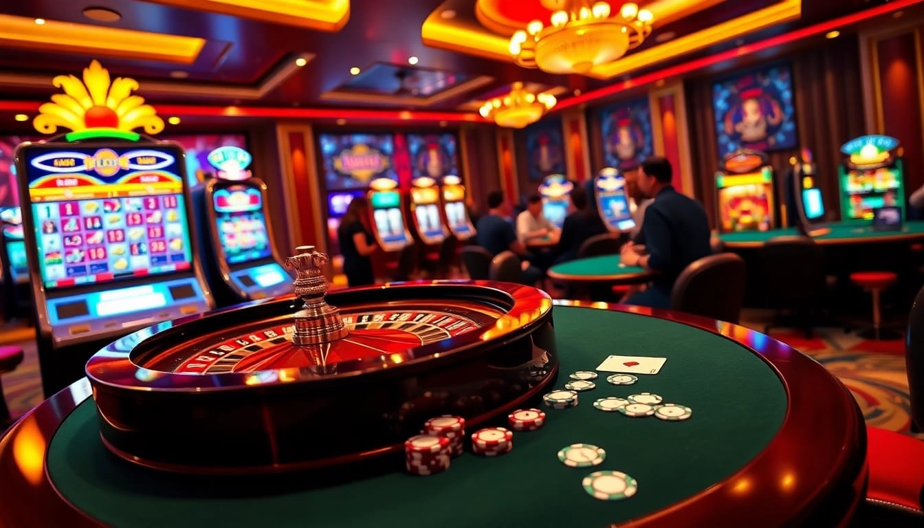 Wager on RR88 at an elegant casino with thrilling games and vibrant slot machines.