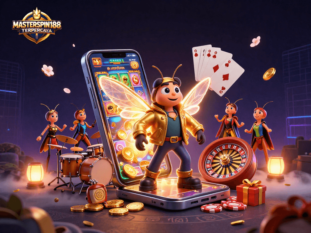 Experience the excitement of MASTERSPIN188 TERPERCAYA with a vibrant 3D casino scene featuring animated characters.