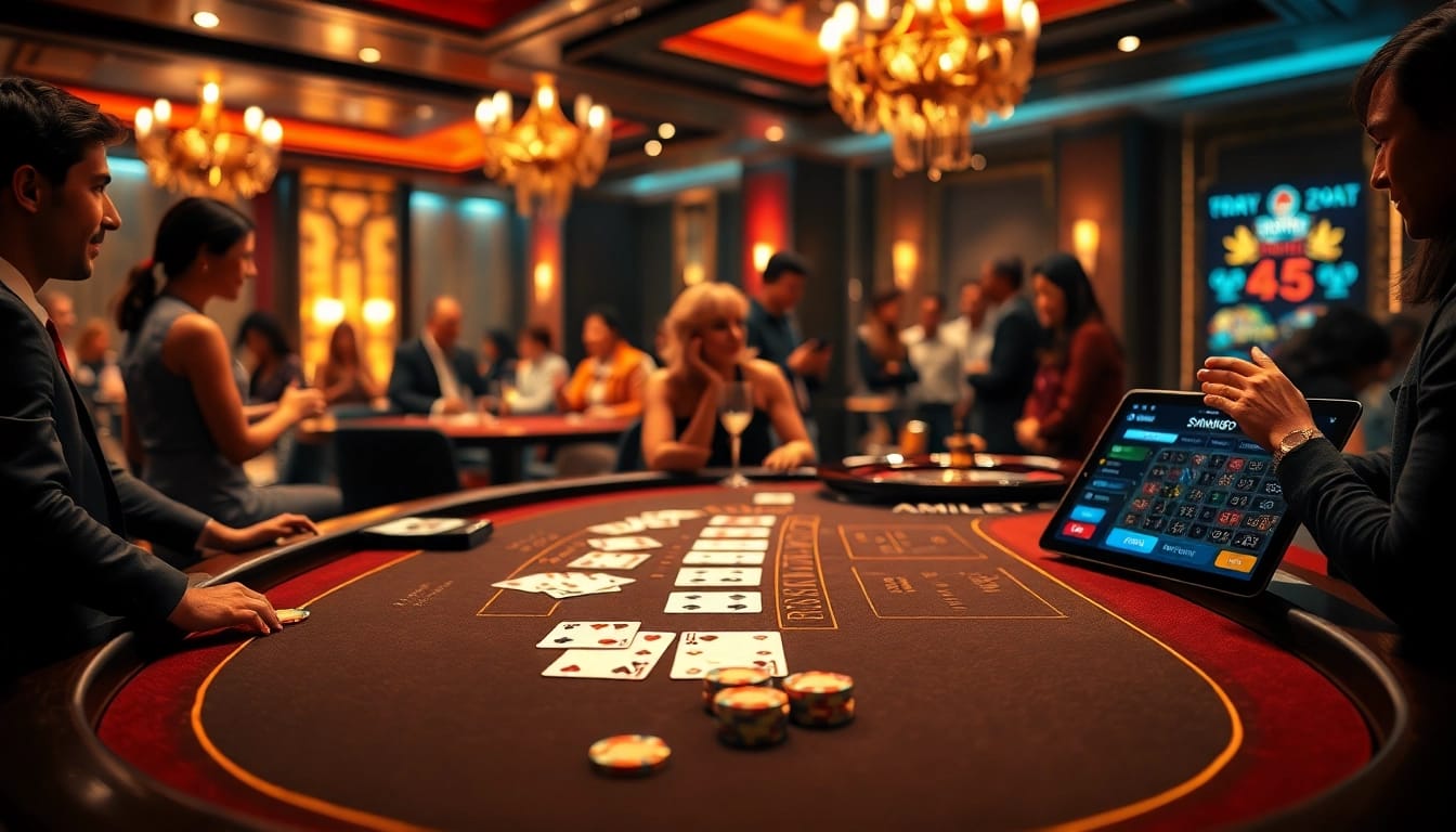 Experience the thrill of gaming at trang chủ mm88 with an exciting casino scene featuring blackjack tables and players.