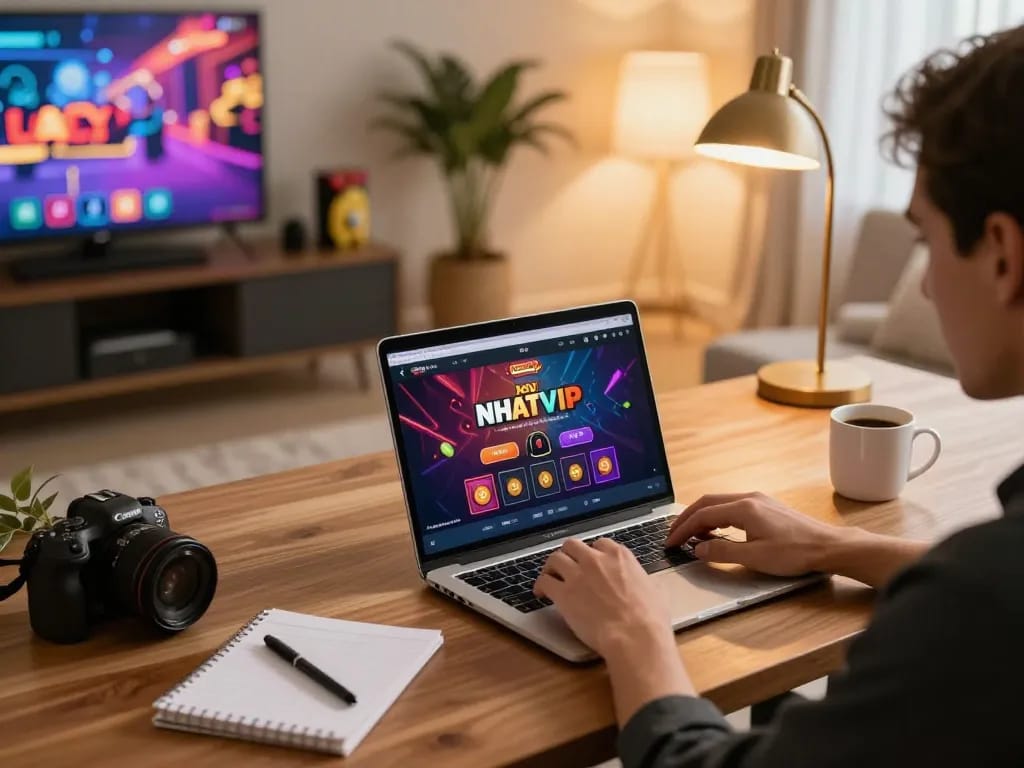 Engaging gameplay on nhất vip 9 displayed on a laptop with vibrant home decor.