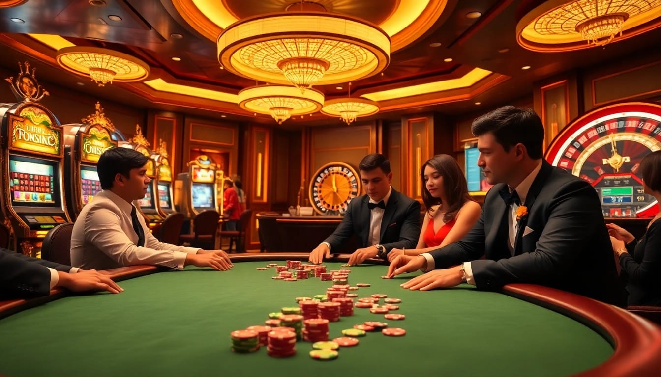 Exciting poker action at NK88's luxurious casino with focused players and vibrant atmosphere.
