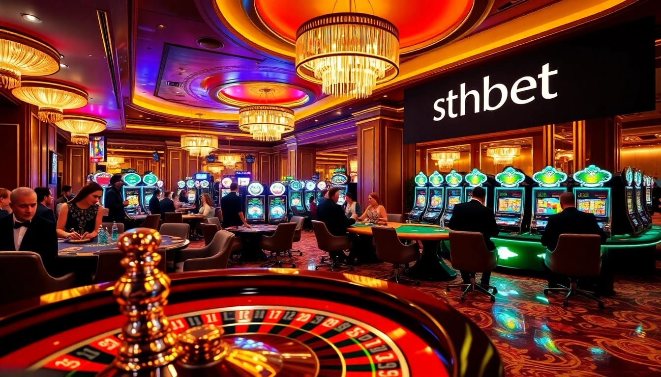 Experience the excitement of shbet with luxury casino gaming tables and vibrant slot machines.