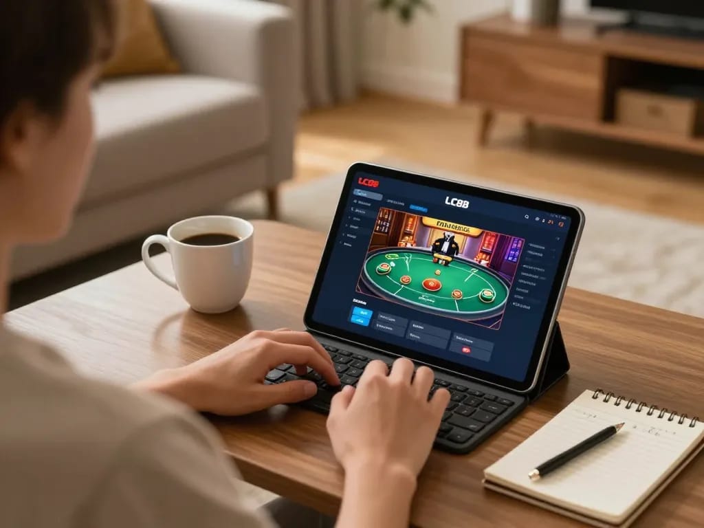 Person using tablet to access LC88 đăng nhập for online casino games in cozy home setup.