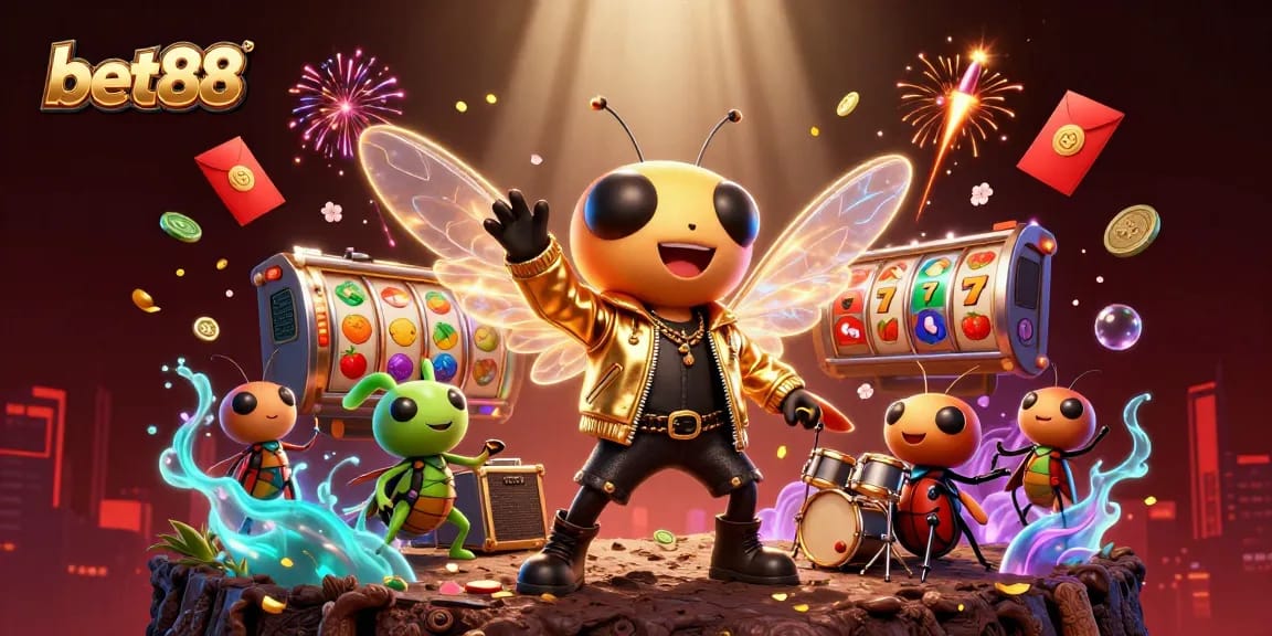 Experience excitement at bet88 with a lively 3D casino scene featuring cartoon characters and vibrant gaming elements.