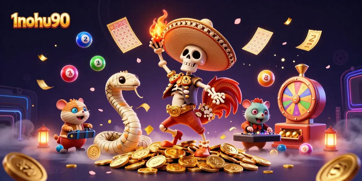 Experience the excitement of 1nohu90 with a lively 3D illustration featuring a dancing mariachi rooster among lottery elements.