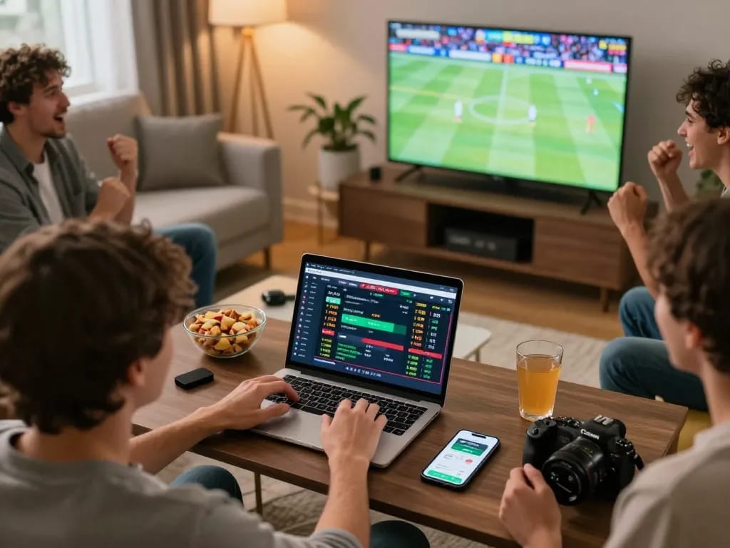 F168 sports betting scene with person actively placing bets on their laptop during live sports, showcasing engaging atmosphere