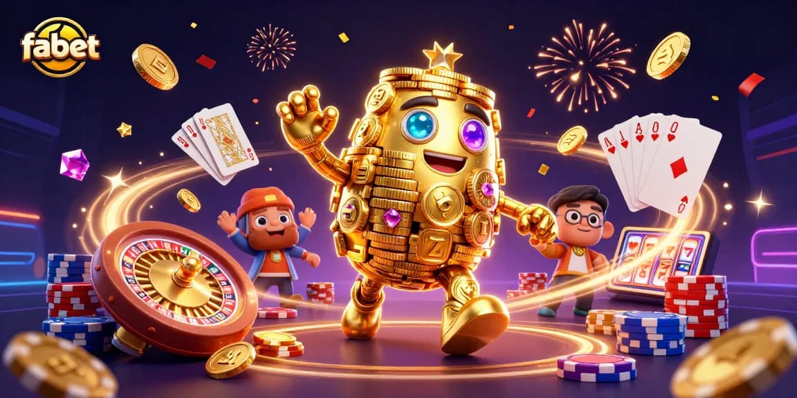 Win big at fabet with a 3D fantasy illustration showcasing gold coins and casino games.
