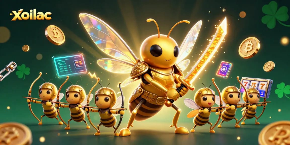 Xoilac's vibrant 3D casino scene featuring a samurai hornet and crypto symbols showcasing exciting gameplay.