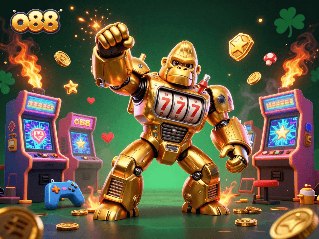 Experience thrilling gameplay at o88 with vibrant visuals featuring a golden gorilla mech and arcade elements.