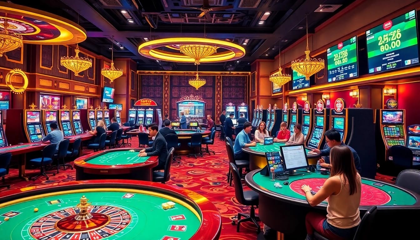 Engage with Trang chủ Fi88 through an exciting casino scene showcasing vibrant gambling activities.