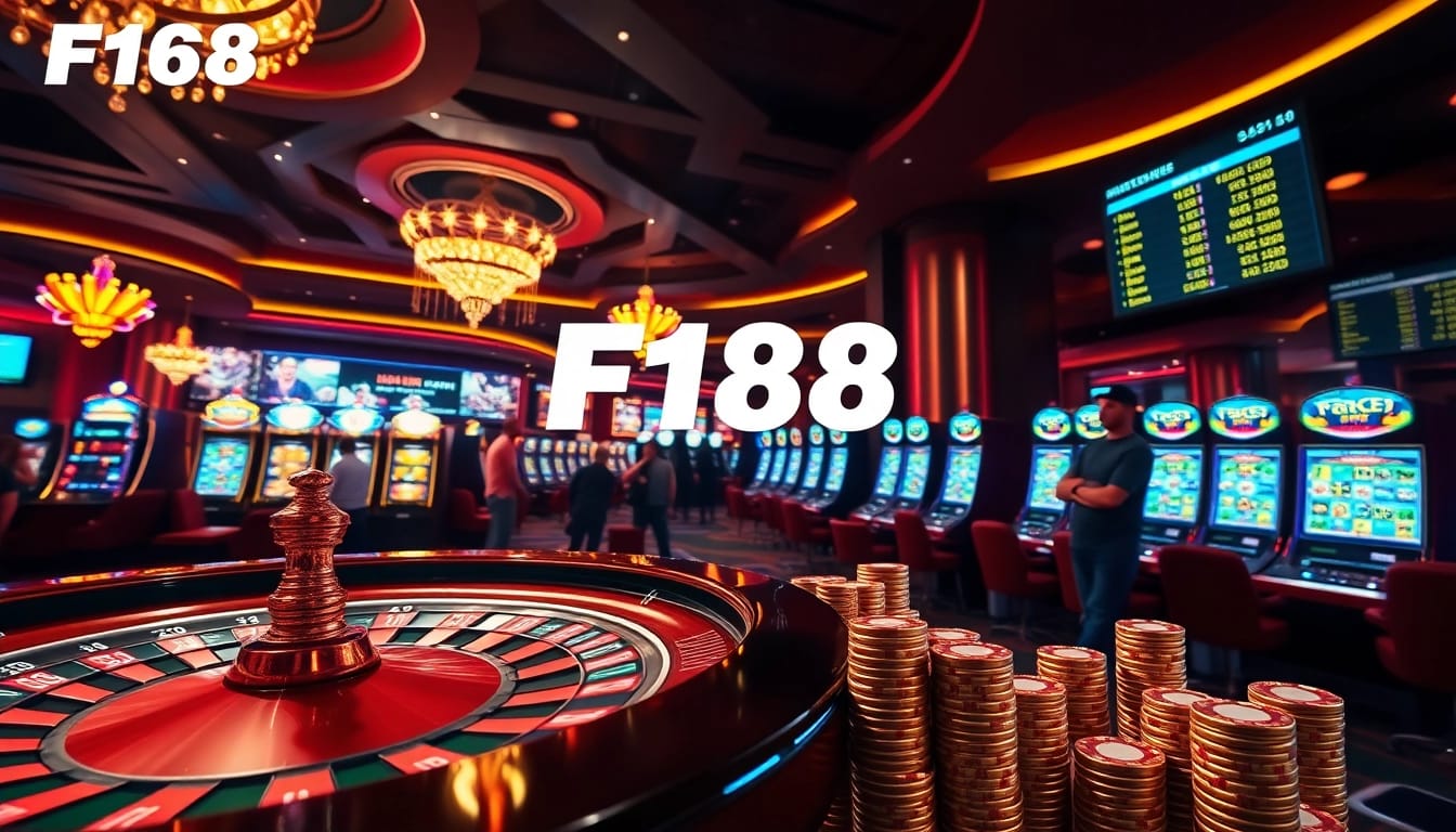 Action-packed scene at Trang chủ F168 with roulette, slots, and poker excitement.