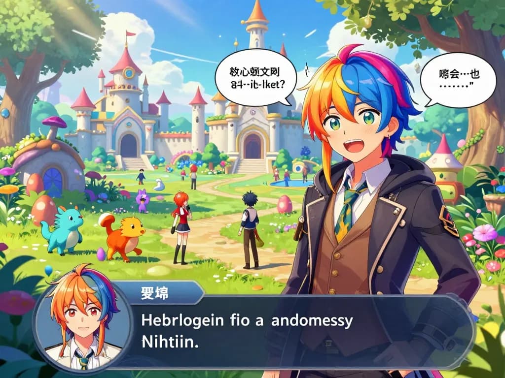 Vibrant virtual world of a hentai game with animated character exploring fantasy landscape.