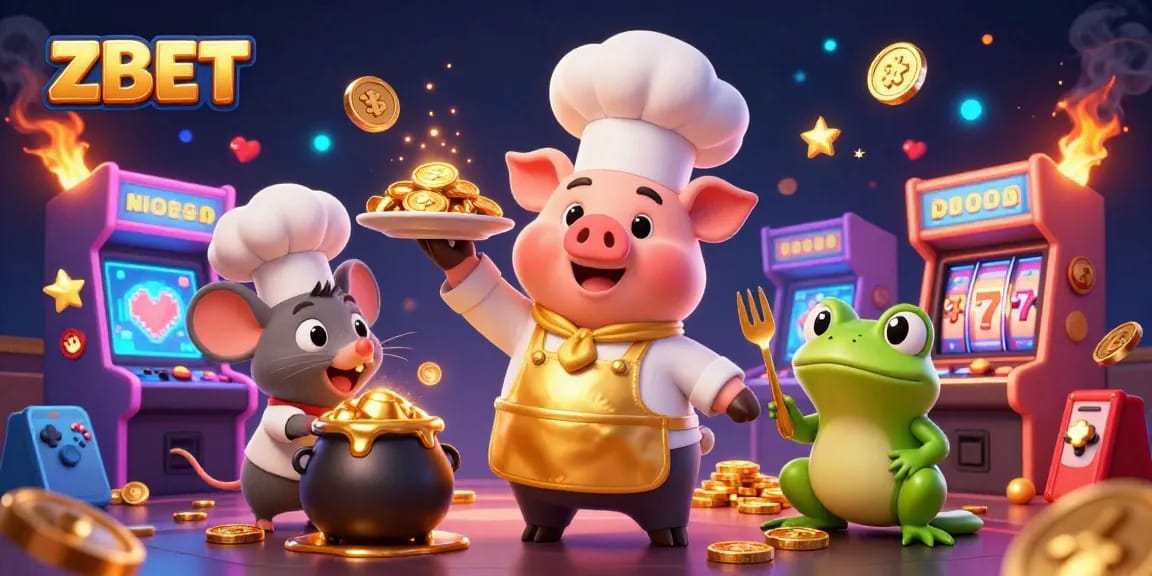 ZBET showcases a vibrant casino scene with a cartoon pig chef and golden coins.
