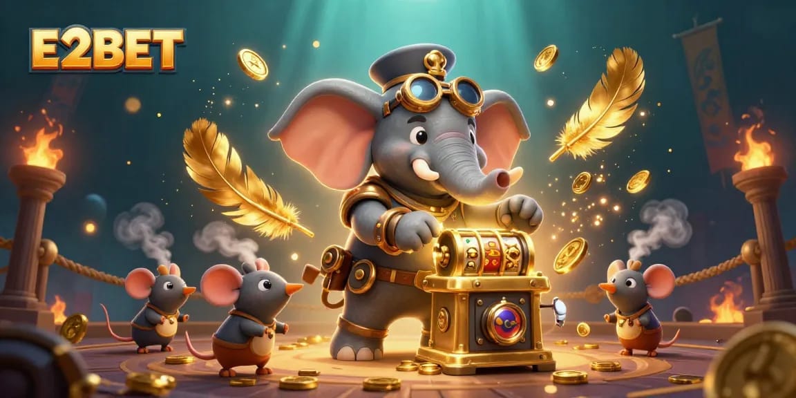 Experience E2BET's thrilling slot machine action with vibrant 3D steampunk characters in a dynamic casino scene.
