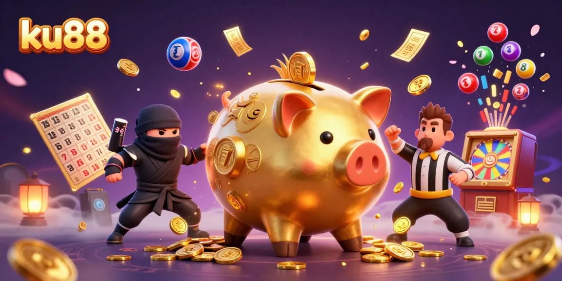 ku88 engaging users with vibrant casino elements in an imaginative 3D illustration.
