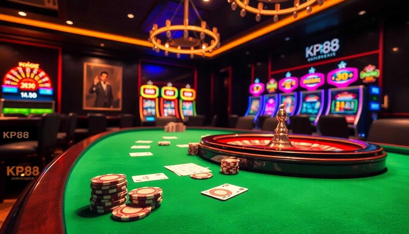 KP88 casino scene with poker chips, cards, and a roulette wheel thrillingly inviting players.