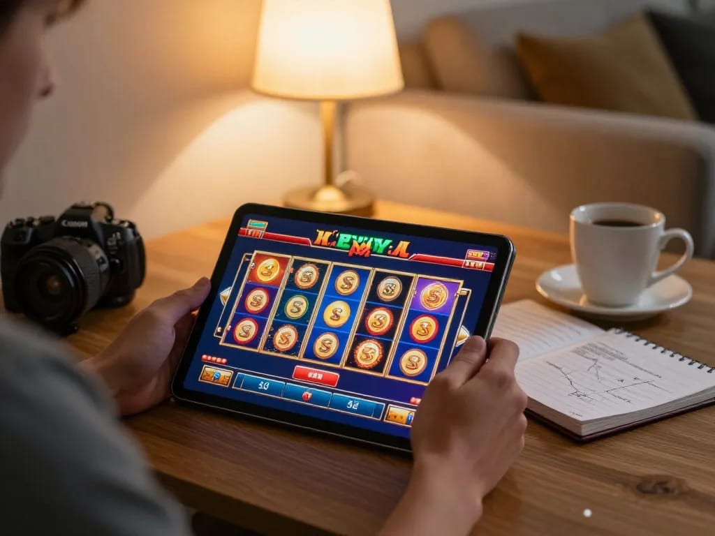 Engaging player using 8K8 tablet for online casino slots in a cozy home setting.