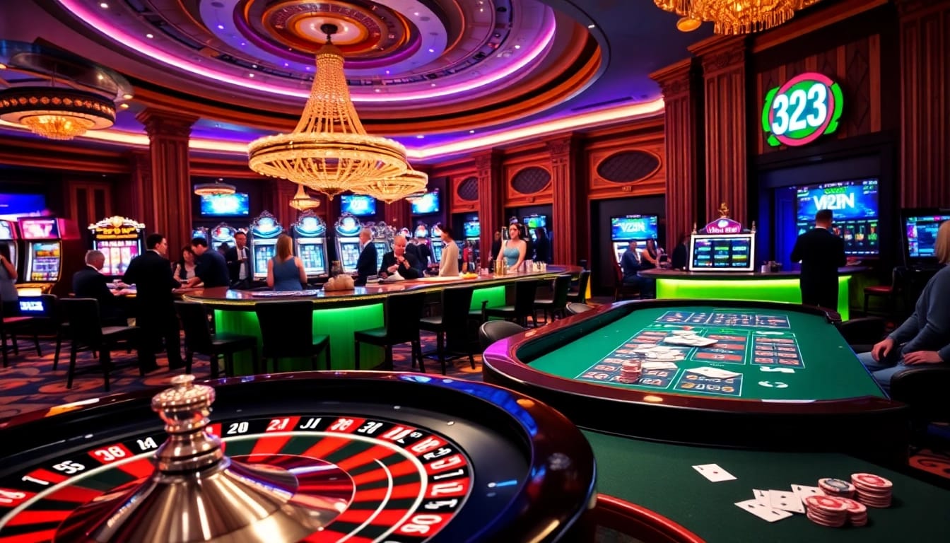 A group of eager gamblers enjoying the thrilling casino experience at 32WIN, highlighting roulette, poker, and vibrant slot machines.