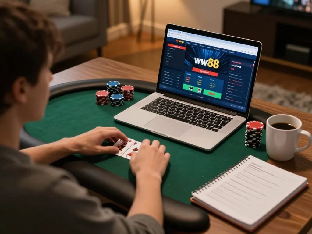 Person gaming on ww88 interface at home, combining strategy and excitement in cozy setting