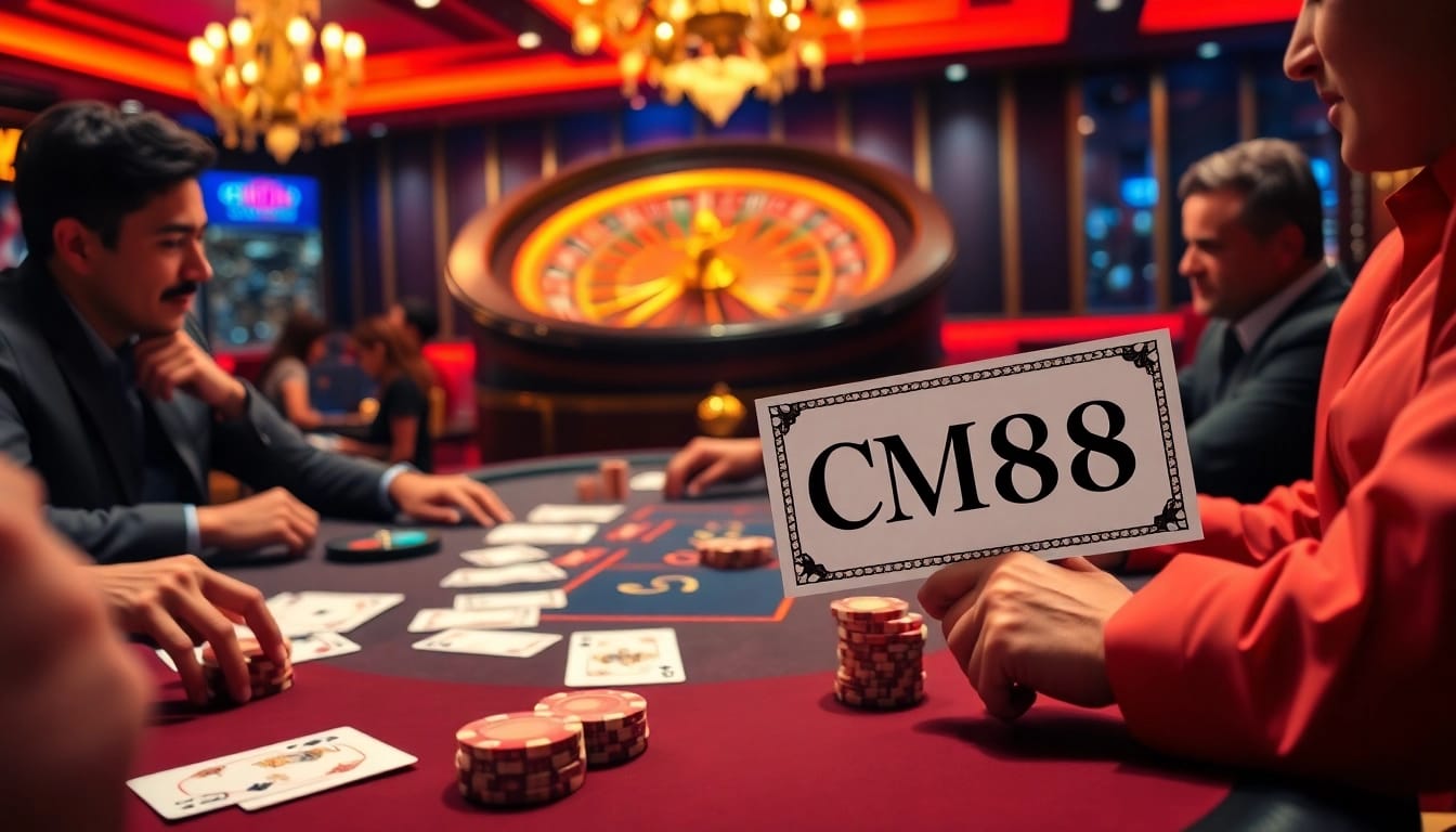 Players at a high-stakes poker table experiencing excitement at CM88 casino.