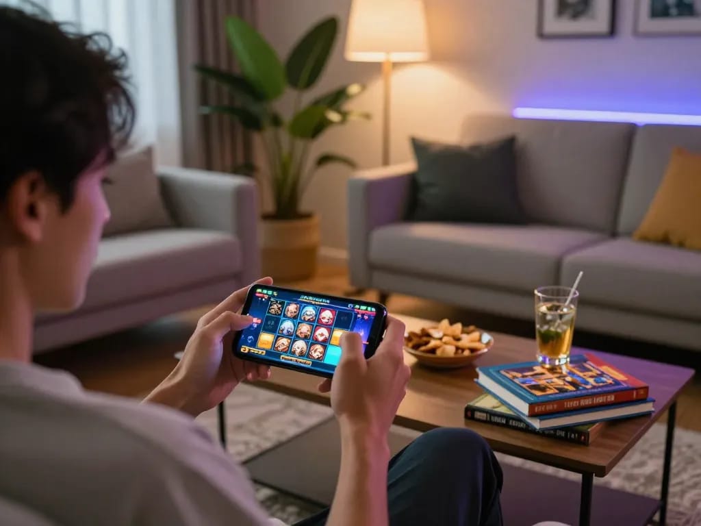 Engaging moment of playing nổ hũ on smartphone in cozy home setting, showcasing responsible gaming.