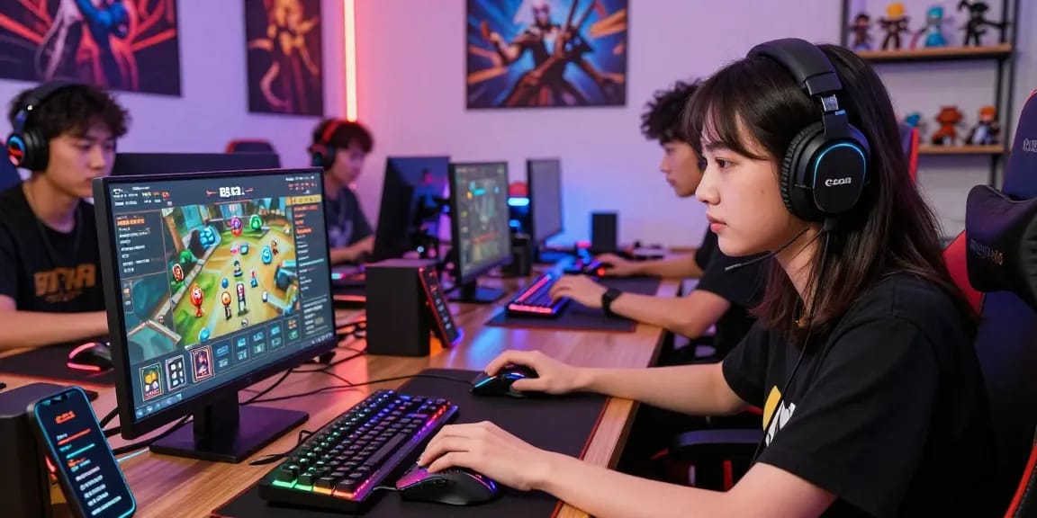 Nữ game thủ chơi B52 với không gian sống động, tập trung vào màn hình máy tính.