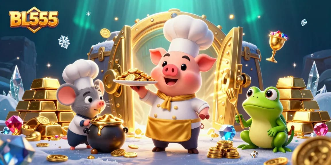 Win big at BL555 with a 3D illustration of enchanted casino chefs serving gold coins.