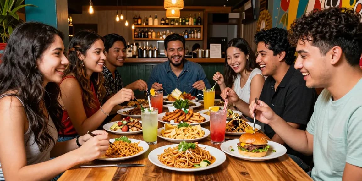 Friends enjoying Asian fusion dishes at Red88 restaurant, vibrant ambiance and craft cocktails.
