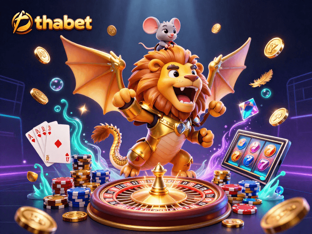 Experience thrilling gameplay with thabet's dynamic 3D illustration of a chimera and exciting casino elements.
