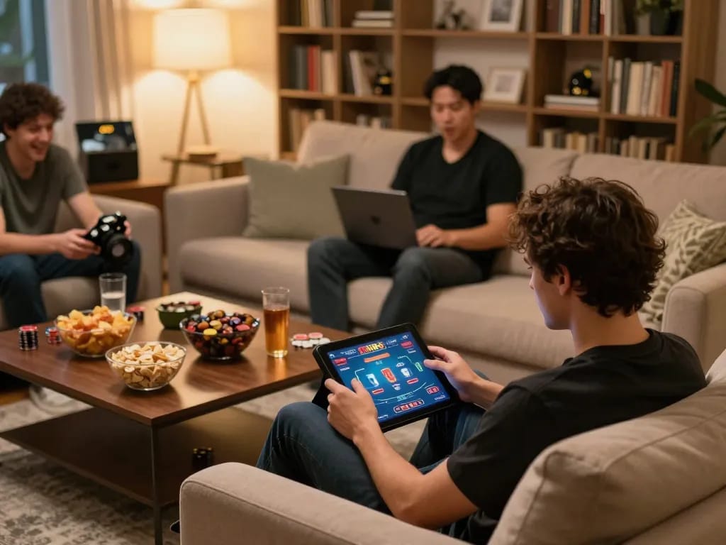 Engaging in online poker on MM88 tablet while enjoying a cozy home atmosphere