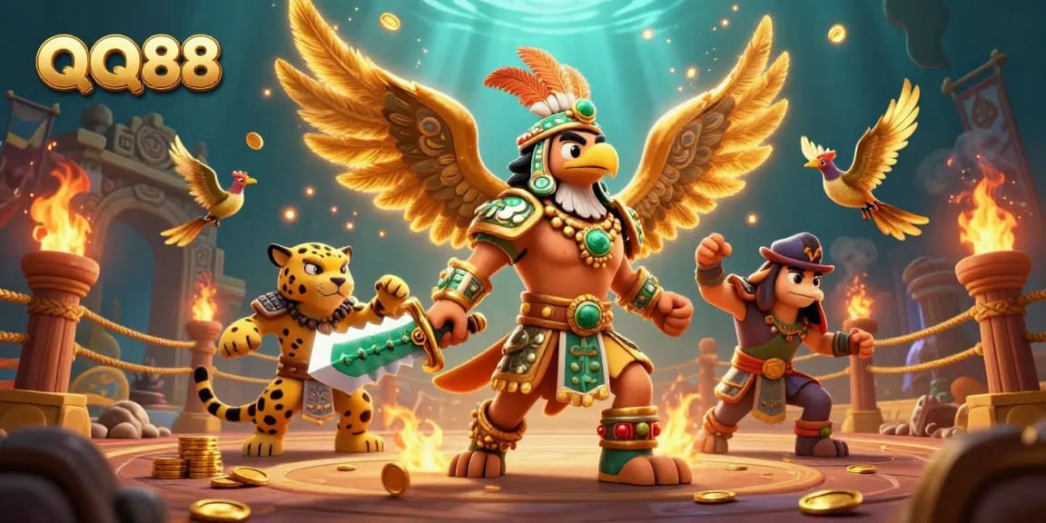 Experience thrilling gameplay with QQ88's mesmerizing Aztec warriors battling in a vibrant casino environment.