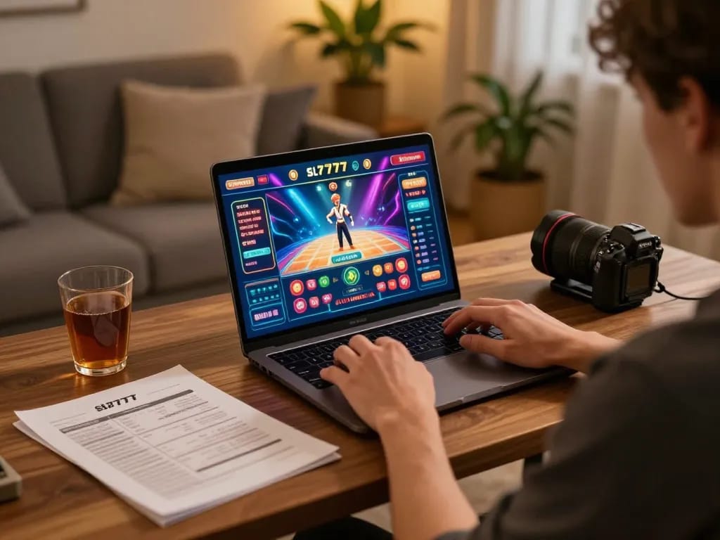 Pemain menikmati permainan kasino online sl777 di rumah dengan pengaturan yang nyaman dan pencahayaan yang hangat.