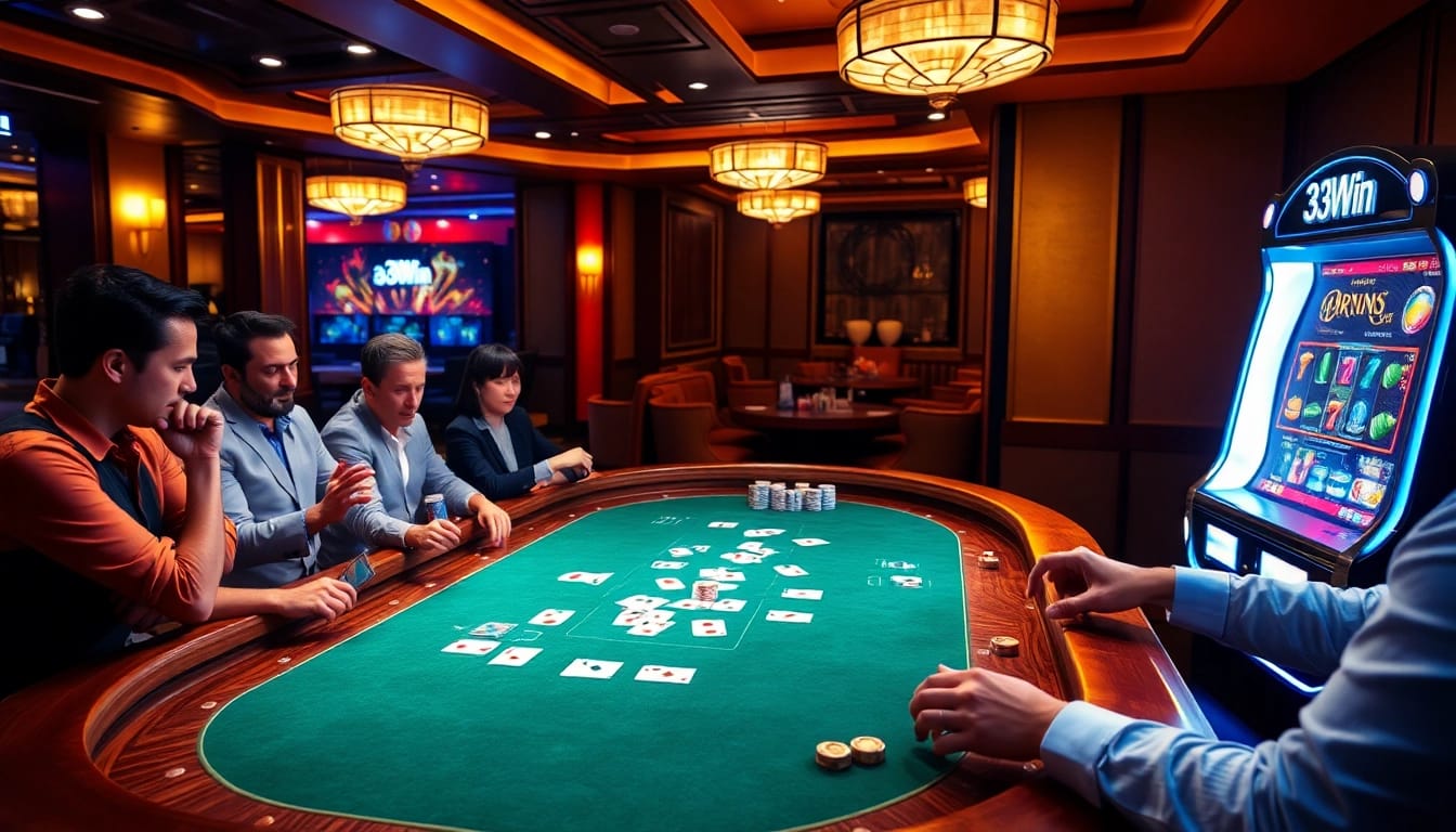 Experience thrilling gameplay at 33Win's upscale casino with vibrant gaming tables and excited players.