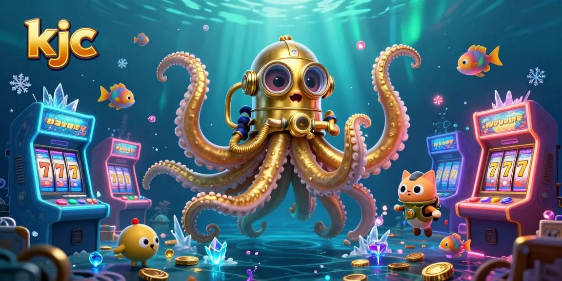 Experience thrilling gameplay with kjc's vibrant 3D illustration featuring a kraken, diving cat, and arcade games.