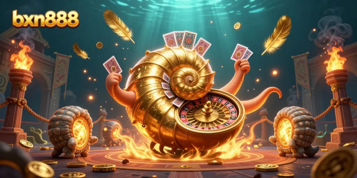 Engage with bxn888's thrilling casino experience featuring a golden roulette wheel nautilus.