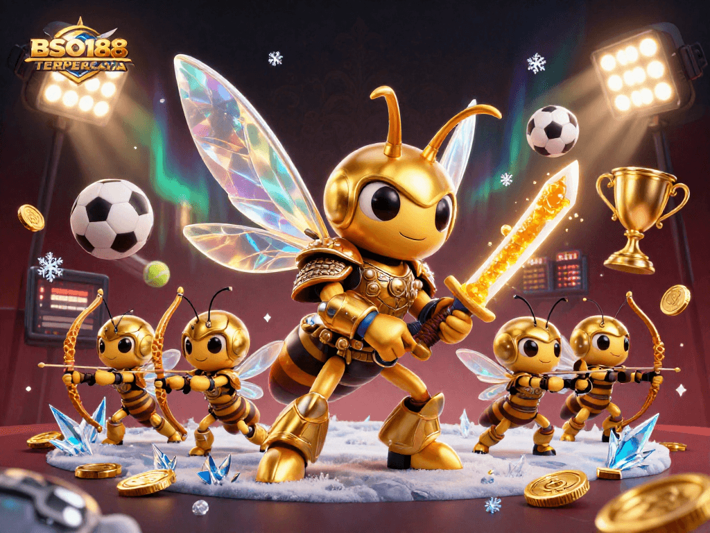 BSO188 TERPERCAYA showcases a dynamic sports scene with a golden hornet and engaging gambling elements.