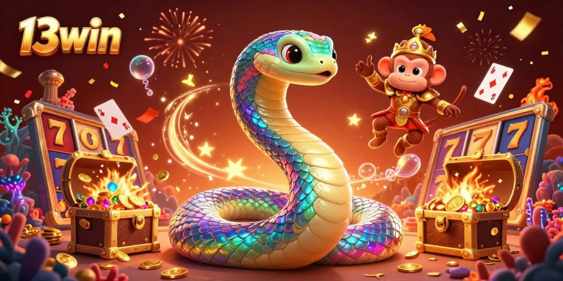 Experience thrilling games at 13win with vibrant slots, a rainbow serpent, and magical elements.
