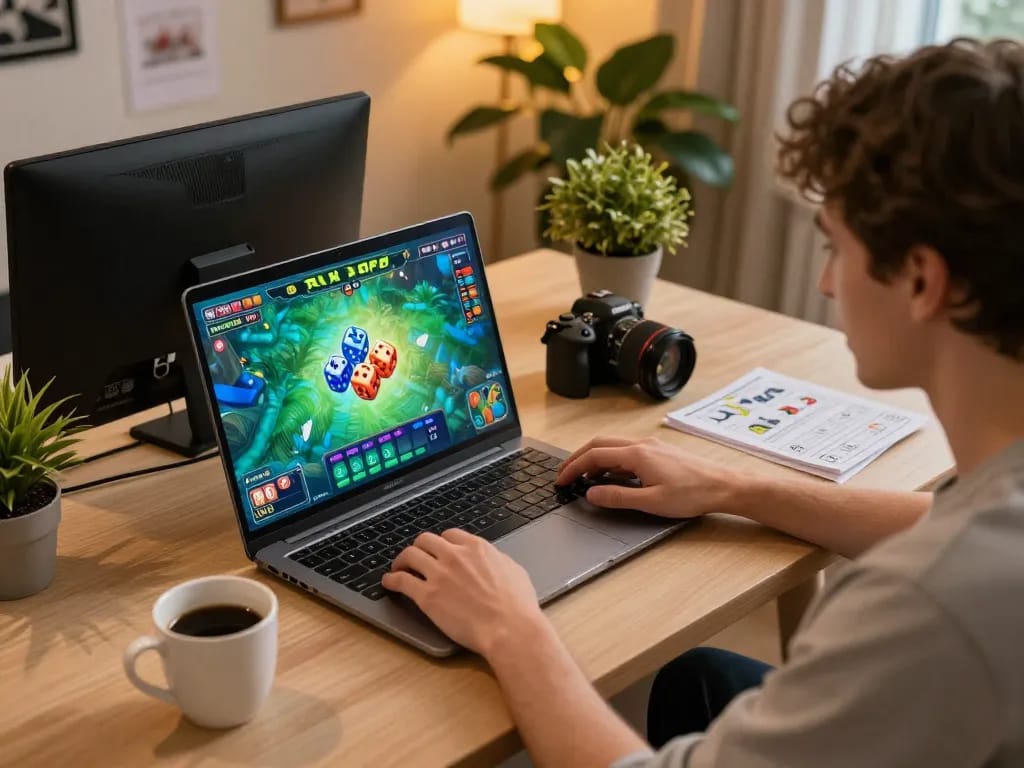 Engaging gaming experience with tai xiu online deck visible on the laptop screen, featuring comfortable setup and strategic notes