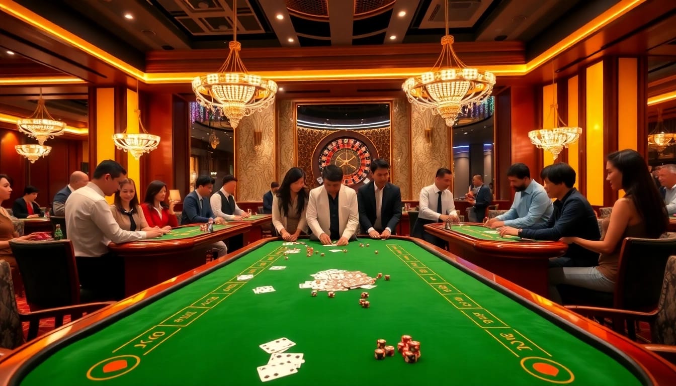 Players enjoy an exciting game of Long Bảo Baccarat at a vibrant casino table.
