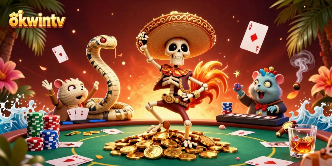 Okwintv brings vibrant casino excitement with a 3D scene featuring a mariachi rooster and poker elements.