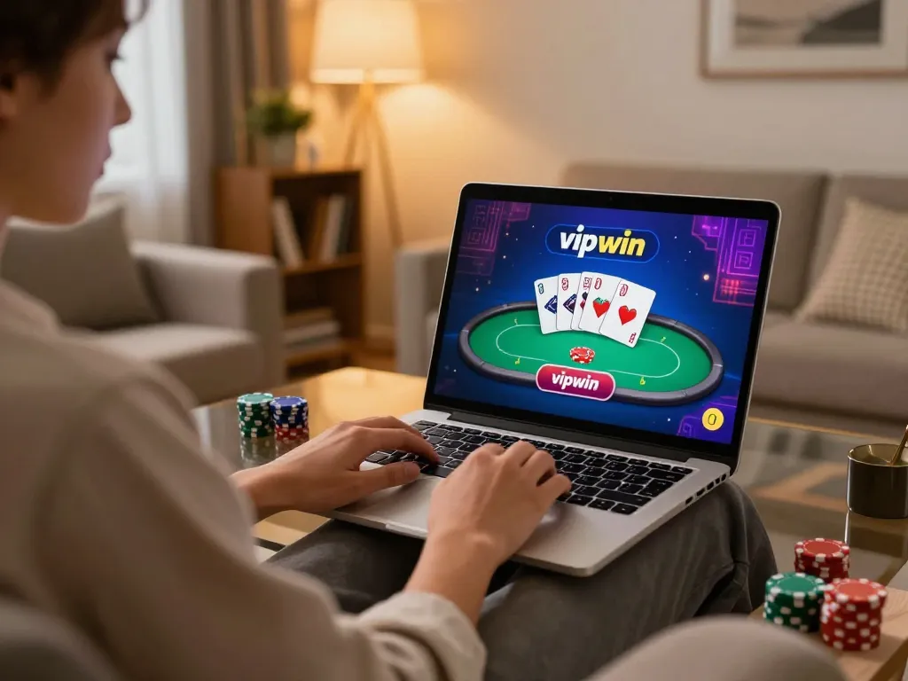 Engaged player strategizing on vipwin poker game during a cozy home gaming session.