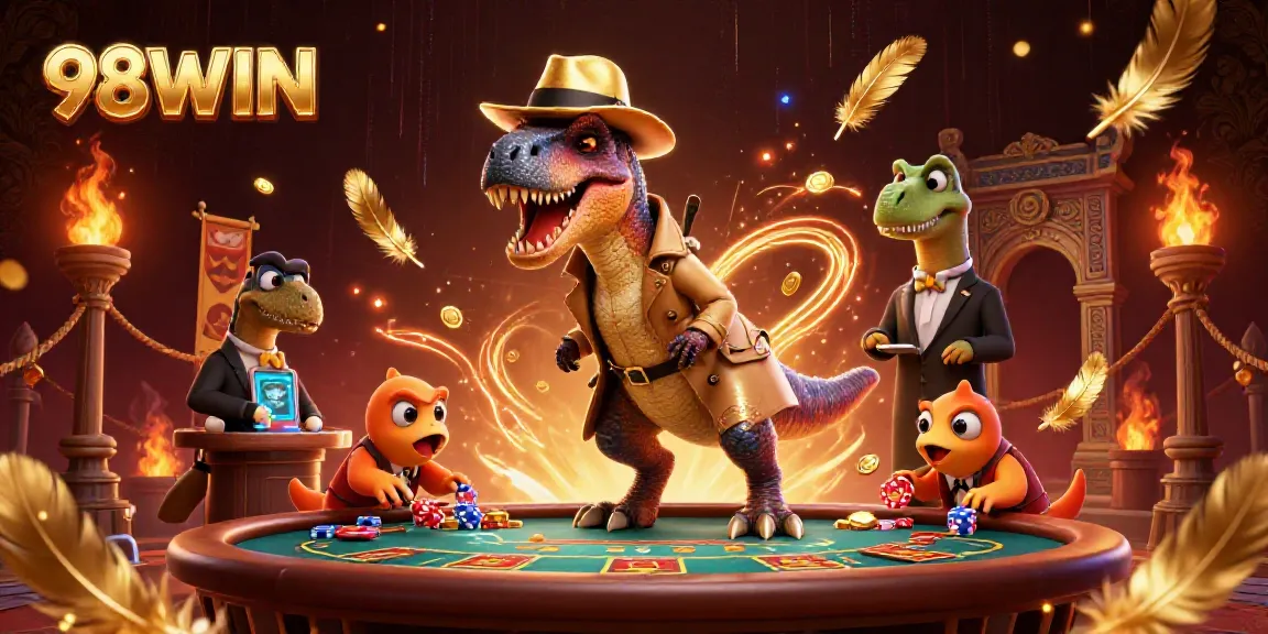 Experience thrilling gameplay at 98WIN with a cartoon velociraptor at the blackjack table.