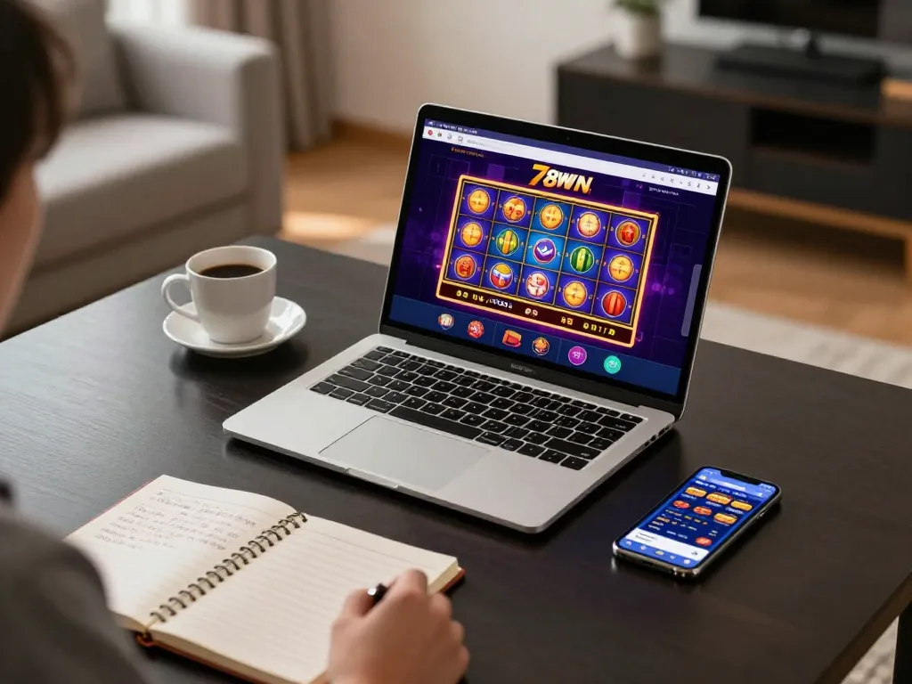 Engaging in online gaming at 78WIN with colorful casino interface, notebook and smartphone nearby indicate strategic gambling.