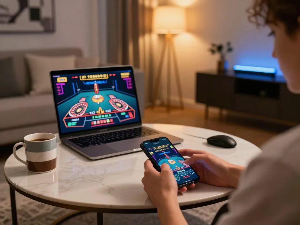 Engaging mobile gaming experience with qq8827 user playing roulette in a stylish home.