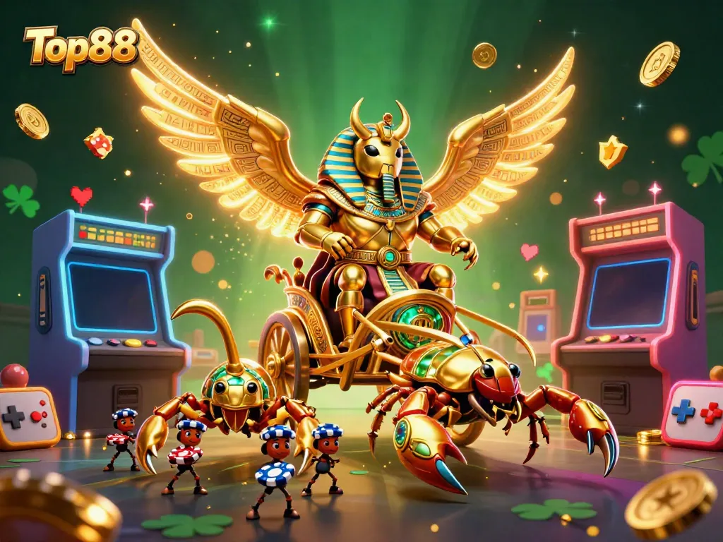 Engage with Top88's vibrant casino experience featuring a golden scarab beetle and poker chips.