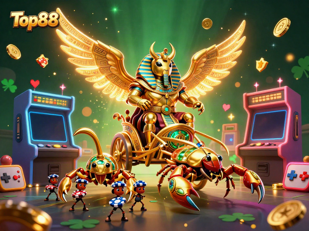 Engage with Top88's vibrant casino experience featuring a golden scarab beetle and poker chips.