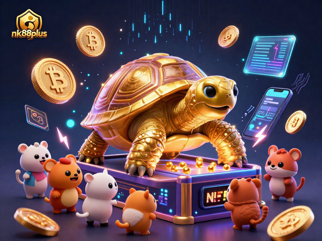 Experience thrilling jackpots with nk88plus, featuring a golden tortoise pinball machine and 3D crypto coins.