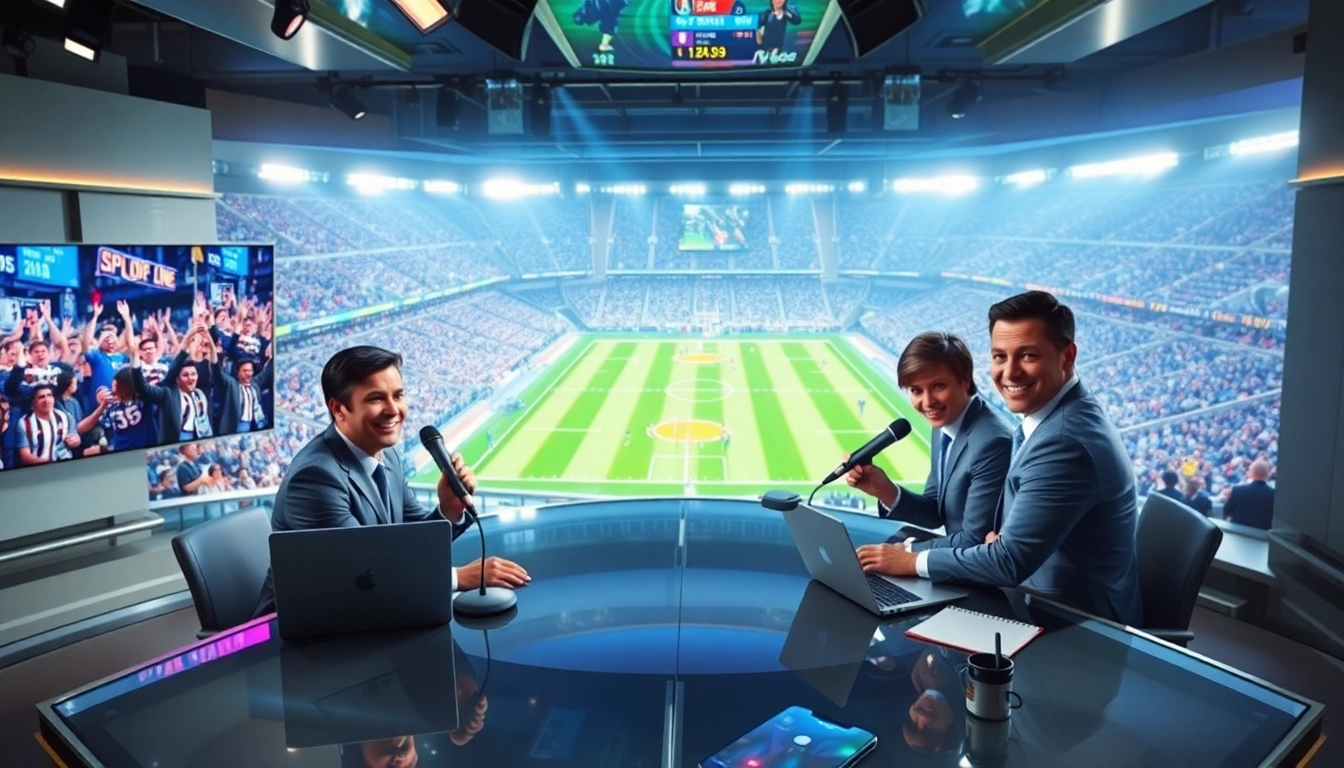 Sports Broadcasting anchors presenting dynamic updates in a vibrant studio.